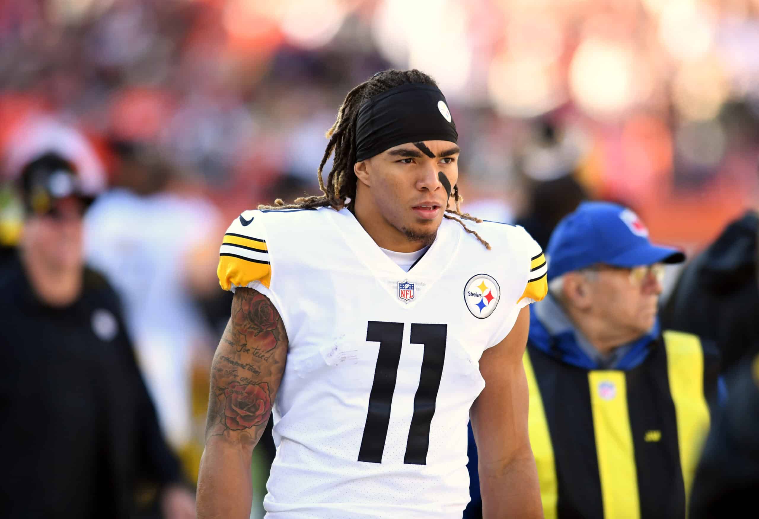 Chase Claypool #11 of the Pittsburgh Steelers stands on the sidelines before a game against the Cleveland Browns at FirstEnergy Stadium on October 31, 2021 in Cleveland, Ohio. 