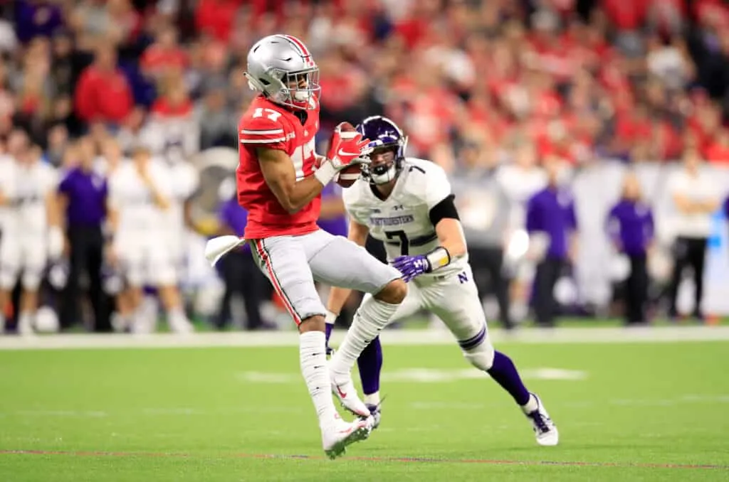 Chris Olave #17 of the Ohio State Buckeyes catches a pass against the Northwestern Wildcats during the Big Ten Championship at Lucas Oil Stadium on December 1, 2018 in Indianapolis, Indiana.