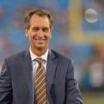 NBC Sports personality Cris Collinsworth during an NBC Sunday Night Football broadcast between the Carolina Panthers abd the Pittsburgh Steelers at Bank of America Stadium on September 21, 2014 in Charlotte, North Carolina.