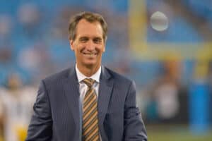 NBC Sports personality Cris Collinsworth during an NBC Sunday Night Football broadcast between the Carolina Panthers abd the Pittsburgh Steelers at Bank of America Stadium on September 21, 2014 in Charlotte, North Carolina.