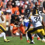 D'Ernest Johnson #30 of the Cleveland Browns carries the ball during the first half against the Pittsburgh Steelers at FirstEnergy Stadium on October 31, 2021 in Cleveland, Ohio.