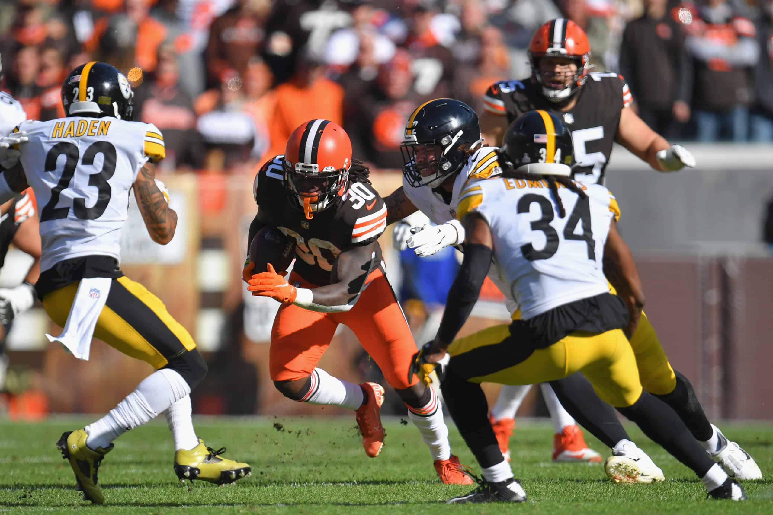 D'Ernest Johnson #30 of the Cleveland Browns carries the ball during the first half against the Pittsburgh Steelers at FirstEnergy Stadium on October 31, 2021 in Cleveland, Ohio.