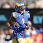 DeSean Jackson #1 of the Los Angeles Rams warms up before a game against the New York Giants at MetLife Stadium on October 17, 2021 in East Rutherford, New Jersey.