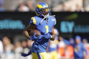 DeSean Jackson #1 of the Los Angeles Rams warms up before a game against the New York Giants at MetLife Stadium on October 17, 2021 in East Rutherford, New Jersey.