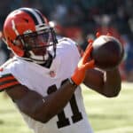 Donovan Peoples-Jones #11 of the Cleveland Browns catches the ball during warm-ups before the game against the Cincinnati Bengals at Paul Brown Stadium on November 07, 2021 in Cincinnati, Ohio.