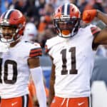 Donovan Peoples-Jones #11 of the Cleveland Browns reacts after making a catch for a first down during the fourth quarter against the Cincinnati Bengals at Paul Brown Stadium on November 07, 2021 in Cincinnati, Ohio.
