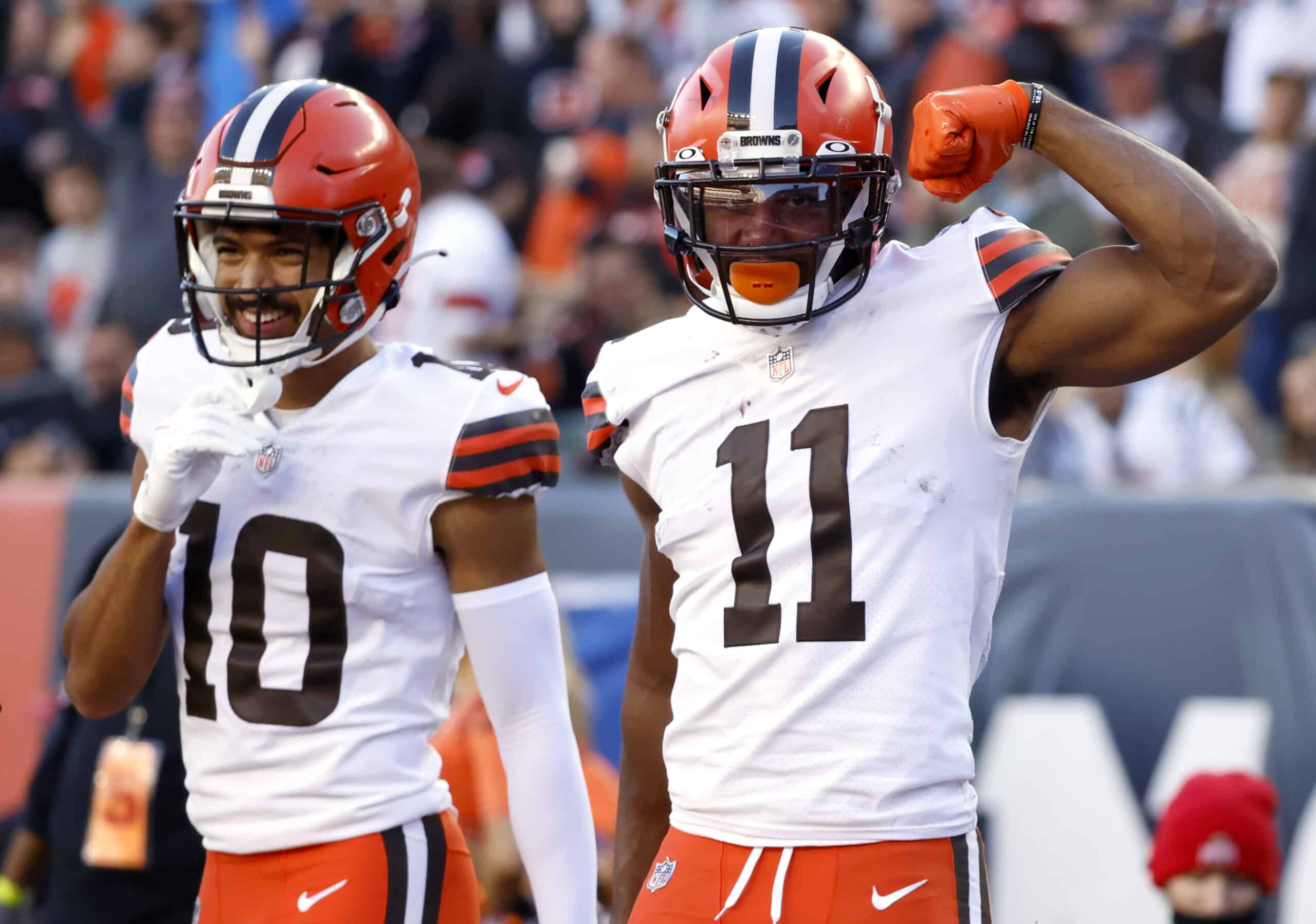 Donovan Peoples-Jones #11 of the Cleveland Browns reacts after making a catch for a first down during the fourth quarter against the Cincinnati Bengals at Paul Brown Stadium on November 07, 2021 in Cincinnati, Ohio.