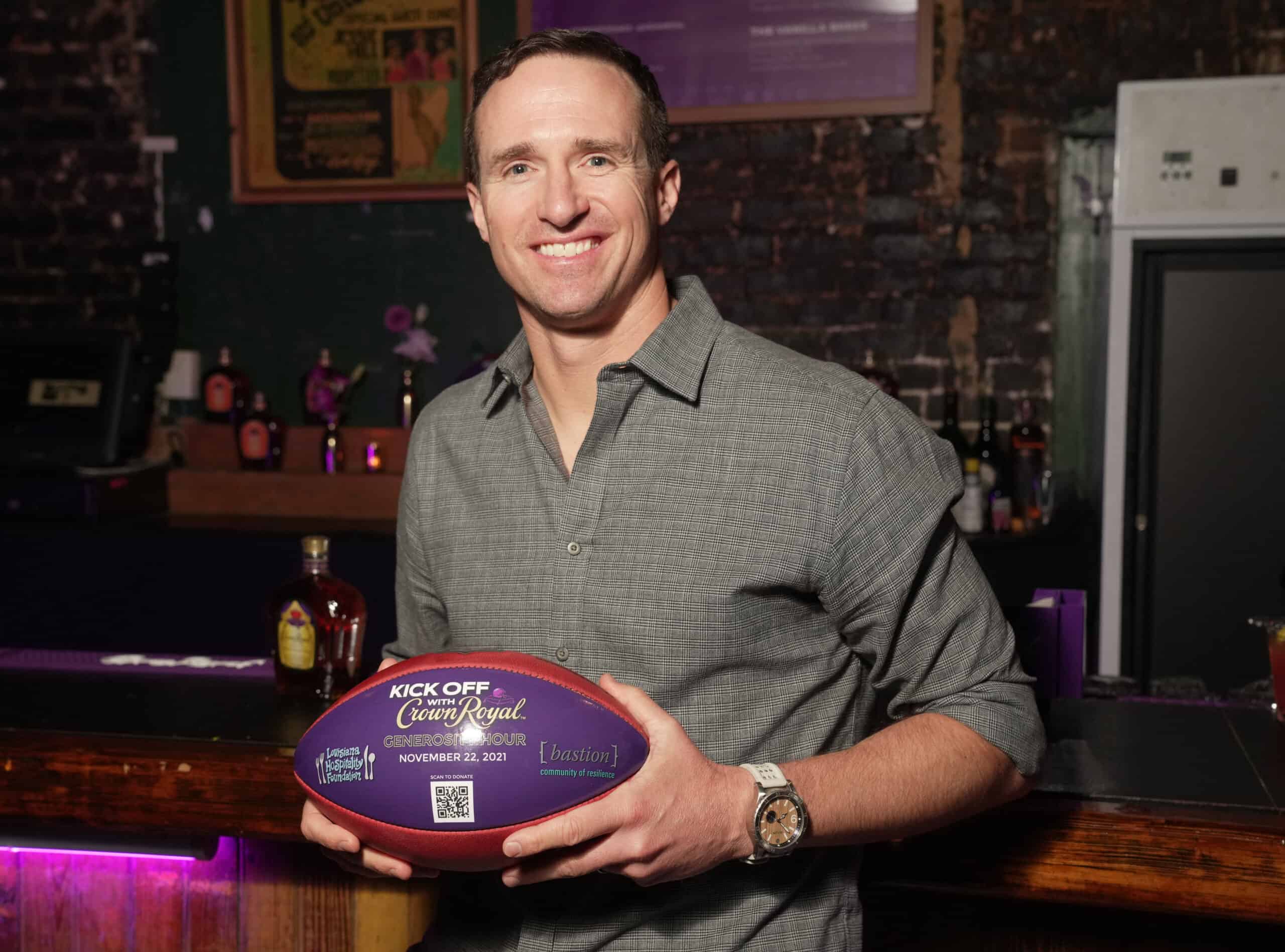 NFL legend Drew Brees gives back to the New Orleans hospitality and military community at the Crown Royal #GenerosityHour in on November 22, 2021 in New Orleans, Louisiana.