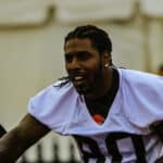 Cleveland Browns wide receiver Dwayne Bowe (80) rides the stationary bike during a joint practice between the Cleveland Browns and the Buffalo Bills at the Buffalo Bills Training Camp at St. John Fisher College in Pittsford, New York.