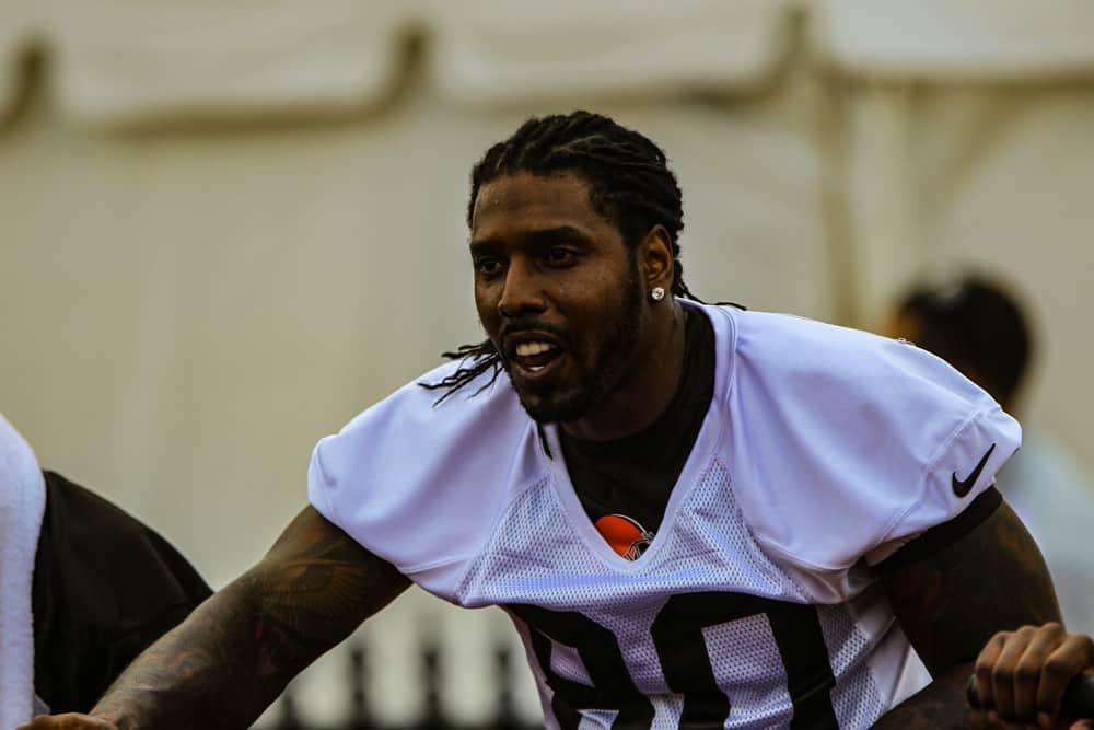 Cleveland Browns wide receiver Dwayne Bowe (80) rides the stationary bike during a joint practice between the Cleveland Browns and the Buffalo Bills at the Buffalo Bills Training Camp at St. John Fisher College in Pittsford, New York.