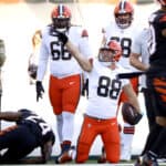 Harrison Bryant #88 of the Cleveland Browns reacts after making a reception for a first down during the fourth quarter against the Cincinnati Bengals at Paul Brown Stadium on November 07, 2021 in Cincinnati, Ohio.