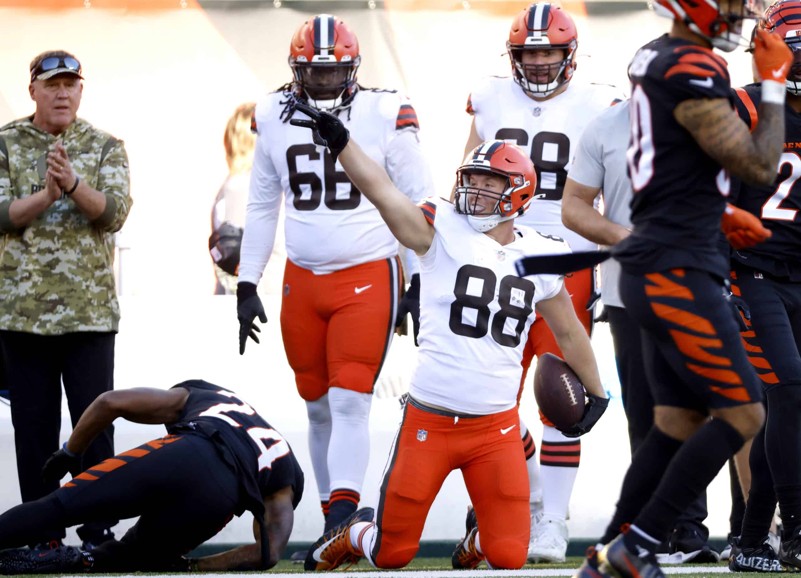 Harrison Bryant #88 of the Cleveland Browns reacts after making a reception for a first down during the fourth quarter against the Cincinnati Bengals at Paul Brown Stadium on November 07, 2021 in Cincinnati, Ohio.