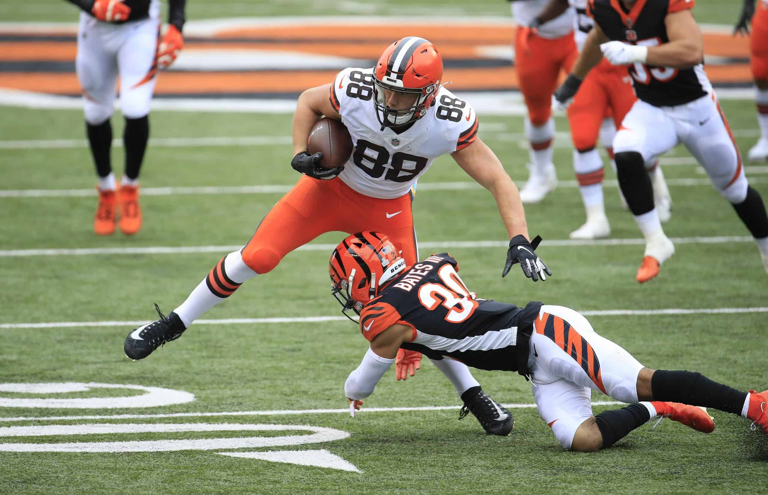 Harrison Bryant #88 of the Cleveland Browns runs with the ball against the Cincinnati Bengals at Paul Brown Stadium on October 25, 2020 in Cincinnati, Ohio.