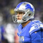 Jared Goff #16 of the Detroit Lions looks on against the Buffalo Bills during the first quarter of a preseason game at Ford Field on August 13, 2021 in Detroit, Michigan.