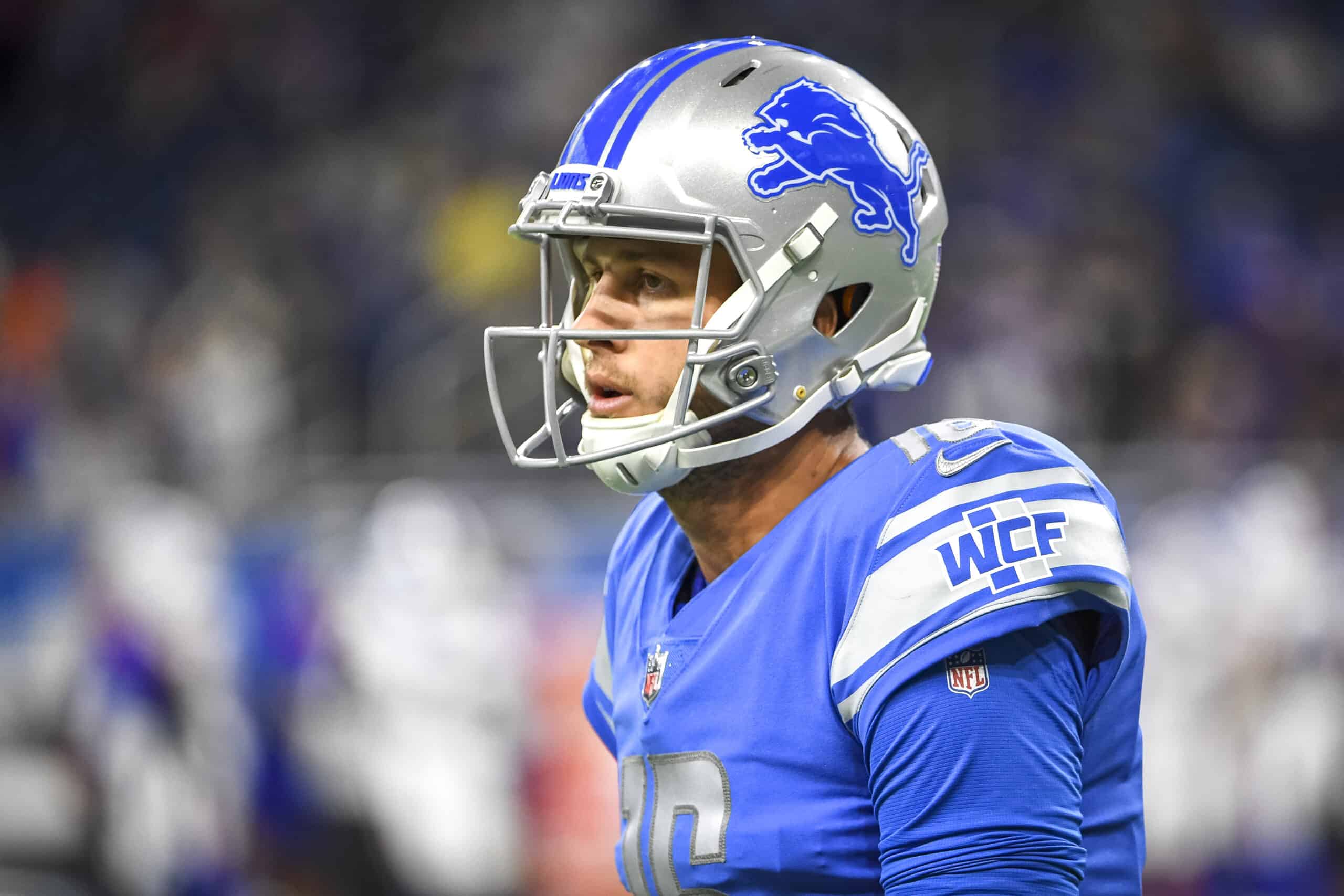 Jared Goff #16 of the Detroit Lions looks on against the Buffalo Bills during the first quarter of a preseason game at Ford Field on August 13, 2021 in Detroit, Michigan.