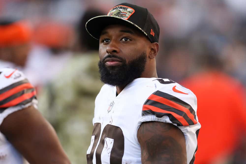 Cleveland Browns wide receiver Jarvis Landry (80) looks at the scoreboard during the game against the Cleveland Browns and the Cincinnati Bengals on November 7, 2021, at Paul Brown Stadium in Cincinnati, OH. 