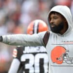 Jarvis Landry #80 of the Cleveland Browns celebrates a touchdown by Donovan Peoples-Jones #11 during the second quarter against the Arizona Cardinals at FirstEnergy Stadium on October 17, 2021 in Cleveland, Ohio.