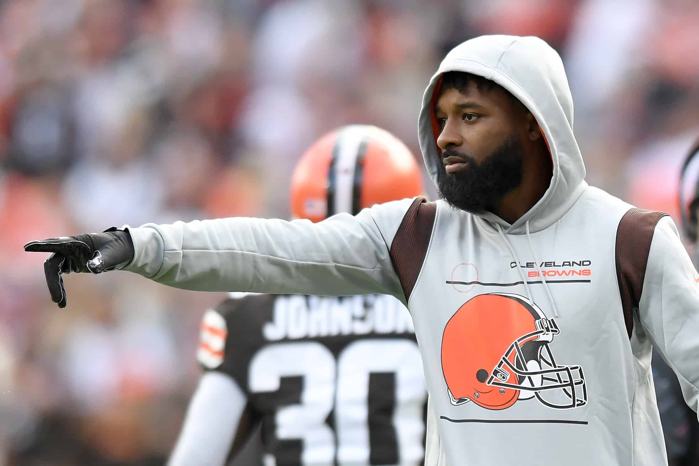 Jarvis Landry #80 of the Cleveland Browns celebrates a touchdown by Donovan Peoples-Jones #11 during the second quarter against the Arizona Cardinals at FirstEnergy Stadium on October 17, 2021 in Cleveland, Ohio. 