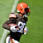 Wide receiver Jarvis Landry #80 of the Cleveland Browns caries the ball during training camp at FirstEnergy Stadium on August 30, 2020 in Cleveland, Ohio.