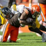 Pittsburgh Steelers linebacker Joe Schobert (93) tackles Cleveland Browns wide receiver Jarvis Landry (80) during the first quarter of the National Football League game between the Pittsburgh Steelers and Cleveland Browns on October 31, 2021, at FirstEnergy Stadium in Cleveland, OH.