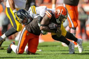 Pittsburgh Steelers linebacker Joe Schobert (93) tackles Cleveland Browns wide receiver Jarvis Landry (80) during the first quarter of the National Football League game between the Pittsburgh Steelers and Cleveland Browns on October 31, 2021, at FirstEnergy Stadium in Cleveland, OH.