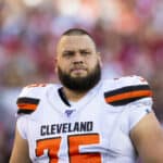 Cleveland Browns offensive guard Joel Bitonio (75) during the NFL regular season football game against the San Francisco 49ers on Monday, Oct. 7, 2019 at Levi's Stadium in Santa Clara, Calif.