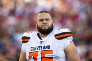 Cleveland Browns offensive guard Joel Bitonio (75) during the NFL regular season football game against the San Francisco 49ers on Monday, Oct. 7, 2019 at Levi's Stadium in Santa Clara, Calif.