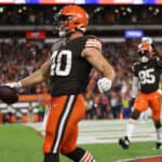 Johnny Stanton #40 of the Cleveland Browns reacts to his touchdown against the Denver Broncos at FirstEnergy Stadium on October 21, 2021 in Cleveland, Ohio.