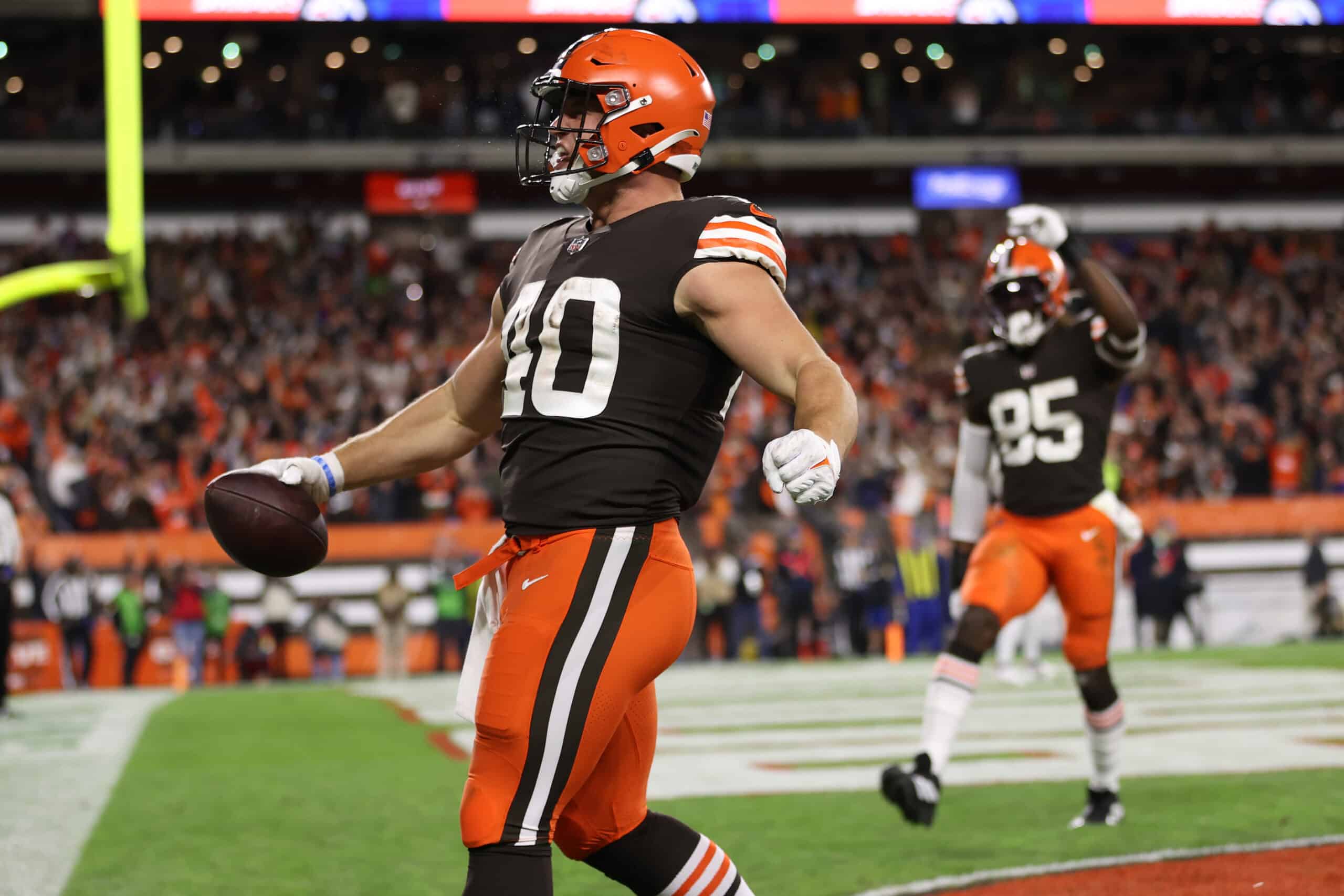 Johnny Stanton #40 of the Cleveland Browns reacts to his touchdown against the Denver Broncos at FirstEnergy Stadium on October 21, 2021 in Cleveland, Ohio. 