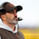 Head Coach Kevin Stefanski of the Cleveland Browns reacts against the New England Patriots during the third quarter at Gillette Stadium on November 14, 2021 in Foxborough, Massachusetts.