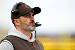 Head Coach Kevin Stefanski of the Cleveland Browns reacts against the New England Patriots during the third quarter at Gillette Stadium on November 14, 2021 in Foxborough, Massachusetts.