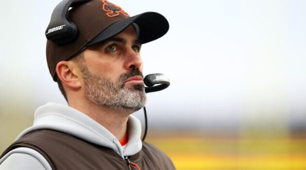 Head Coach Kevin Stefanski of the Cleveland Browns reacts against the New England Patriots during the third quarter at Gillette Stadium on November 14, 2021 in Foxborough, Massachusetts.