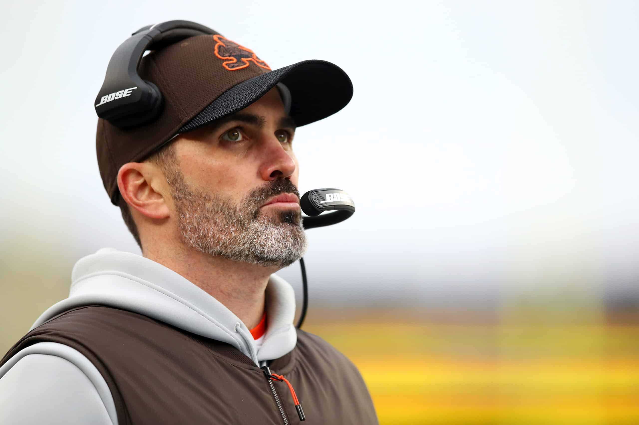 Head Coach Kevin Stefanski of the Cleveland Browns reacts against the New England Patriots during the third quarter at Gillette Stadium on November 14, 2021 in Foxborough, Massachusetts. 