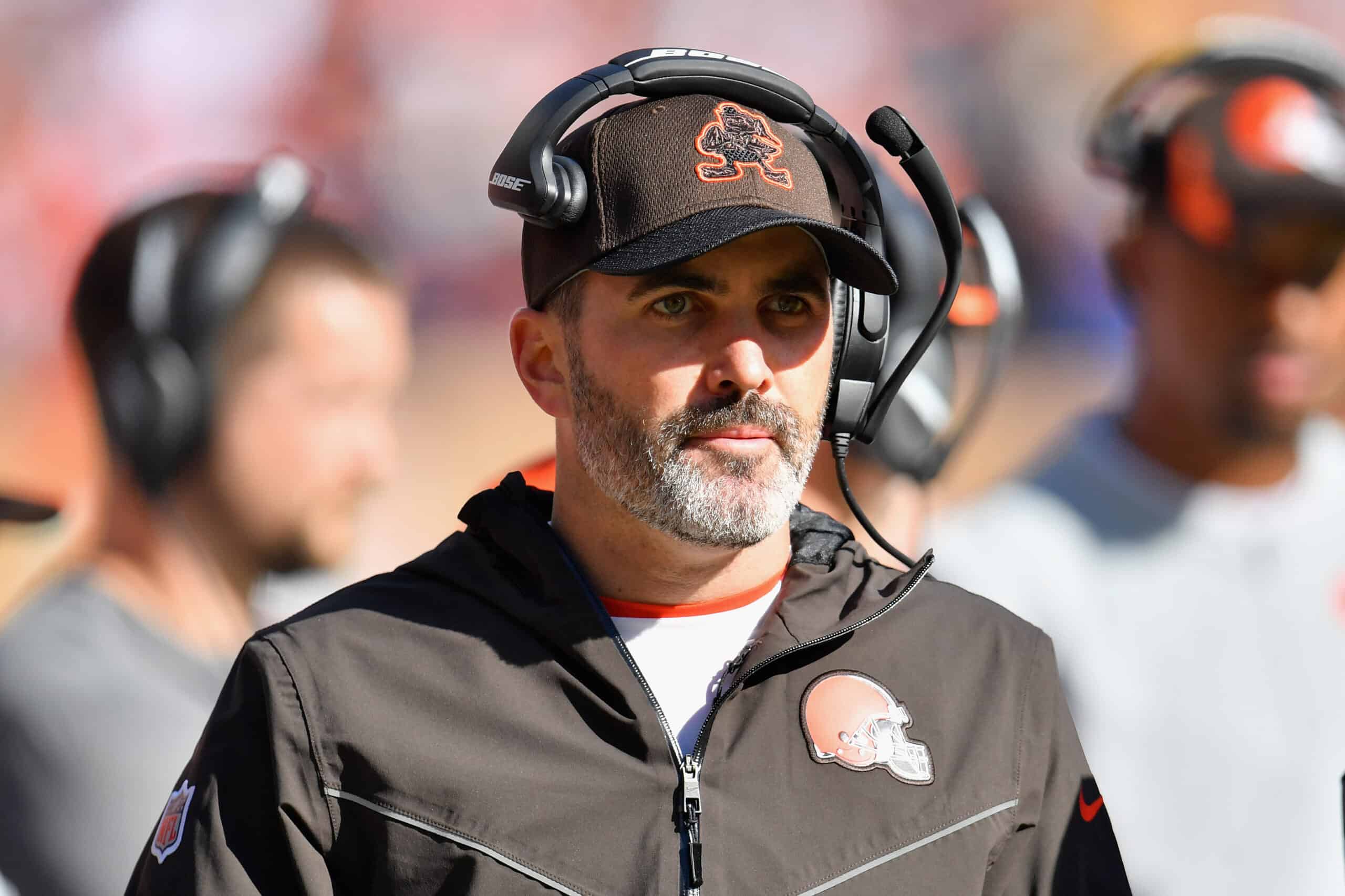 Cleveland Browns head coach Kevin Stefanski looks on during the second half against the Pittsburgh Steelers at FirstEnergy Stadium on October 31, 2021 in Cleveland, Ohio.