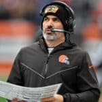 Head coach Kevin Stefanski of the Cleveland Browns looks on from the side line during the game against the Detroit Lions at FirstEnergy Stadium on November 21, 2021 in Cleveland, Ohio.