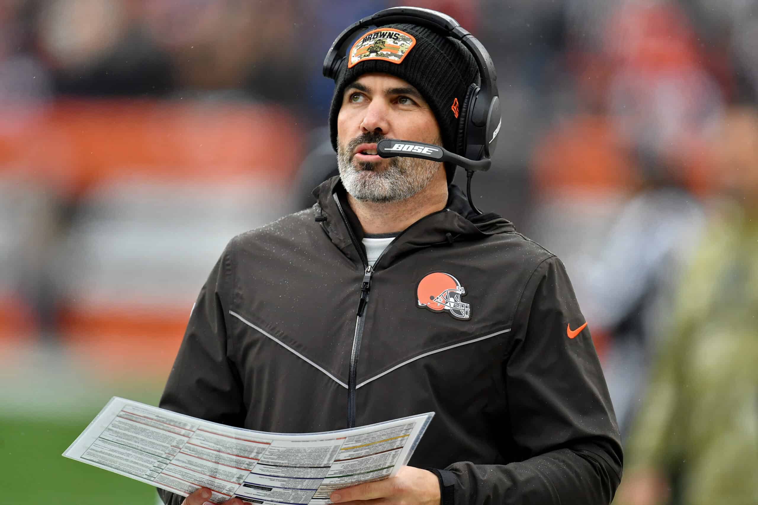 Head coach Kevin Stefanski of the Cleveland Browns looks on from the side line during the game against the Detroit Lions at FirstEnergy Stadium on November 21, 2021 in Cleveland, Ohio.