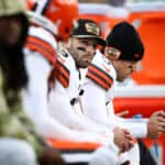 Baker Mayfield #6 of the Cleveland Browns reacts against the New England Patriots during the fourth quarter at Gillette Stadium on November 14, 2021 in Foxborough, Massachusetts.