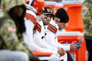 Baker Mayfield #6 of the Cleveland Browns reacts against the New England Patriots during the fourth quarter at Gillette Stadium on November 14, 2021 in Foxborough, Massachusetts.