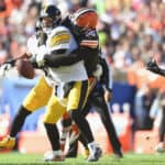 Myles Garrett #95 of the Cleveland Browns sacks Ben Roethlisberger #7 of the Pittsburgh Steelers during the first half at FirstEnergy Stadium on October 31, 2021 in Cleveland, Ohio.