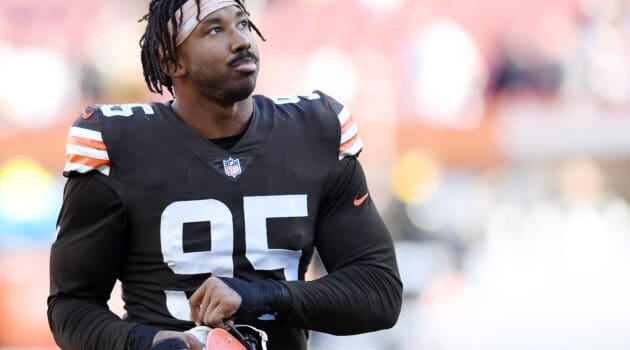 Myles Garrett #95 of the Cleveland Browns looks on as he walks off the field after a 15-10 loss to the Pittsburgh Steelers at FirstEnergy Stadium on October 31, 2021 in Cleveland, Ohio.