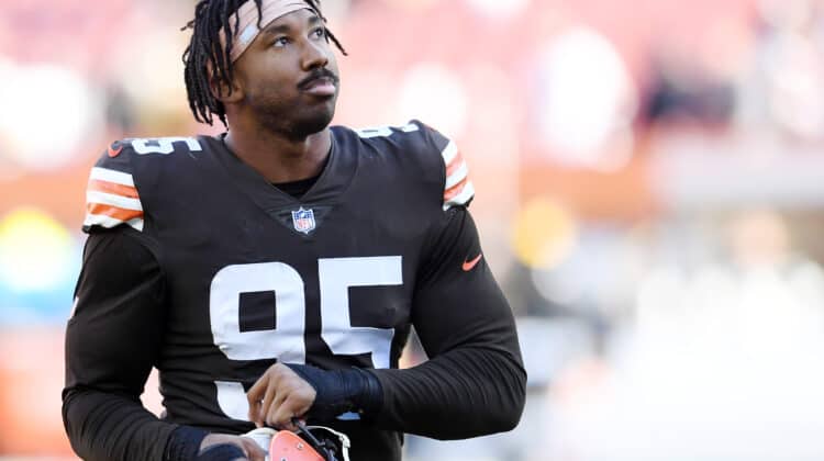 Myles Garrett #95 of the Cleveland Browns looks on as he walks off the field after a 15-10 loss to the Pittsburgh Steelers at FirstEnergy Stadium on October 31, 2021 in Cleveland, Ohio.