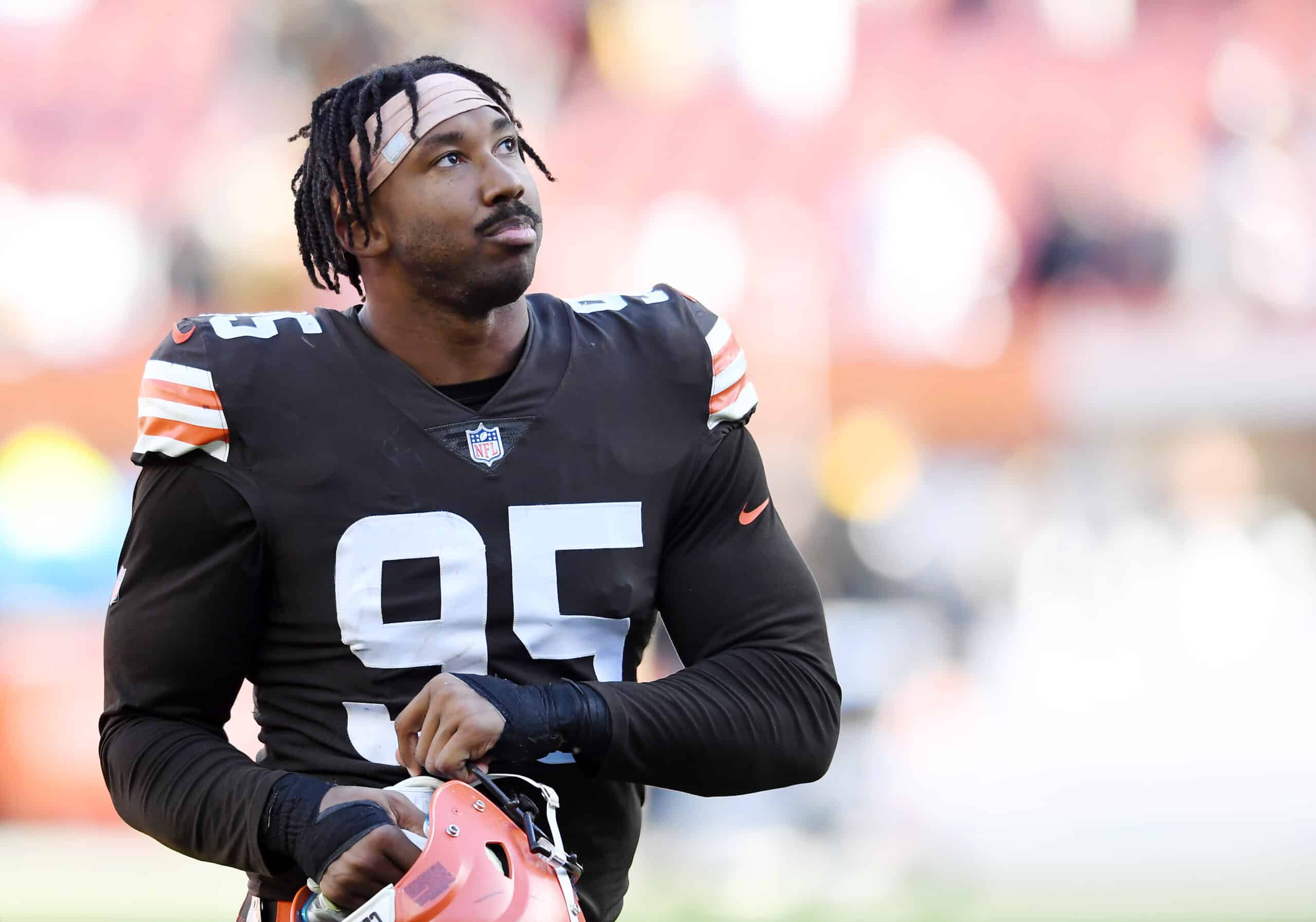 Myles Garrett #95 of the Cleveland Browns looks on as he walks off the field after a 15-10 loss to the Pittsburgh Steelers at FirstEnergy Stadium on October 31, 2021 in Cleveland, Ohio.