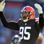 Myles Garrett #95 of the Cleveland Browns reacts during the first half of their game against the Pittsburgh Steelers at FirstEnergy Stadium on October 31, 2021 in Cleveland, Ohio.