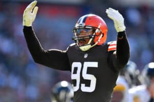 Myles Garrett #95 of the Cleveland Browns reacts during the first half of their game against the Pittsburgh Steelers at FirstEnergy Stadium on October 31, 2021 in Cleveland, Ohio.