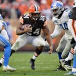 Nick Chubb #24 of the Cleveland Browns runs with the ball against the Detroit Lions in the second half at FirstEnergy Stadium on November 21, 2021 in Cleveland, Ohio.