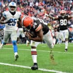 Nick Chubb #24 of the Cleveland Browns runs into the end zone for a touchdown reception against the Detroit Lions in the second quarter at FirstEnergy Stadium on November 21, 2021 in Cleveland, Ohio.