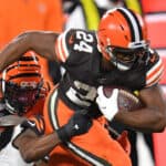 Nick Chubb #24 of the Cleveland Browns runs against the Cincinnati Bengals during the first half at FirstEnergy Stadium on September 17, 2020 in Cleveland, Ohio.