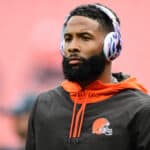 Odell Beckham Jr. #13 of the Cleveland Browns looks on during warm ups prior to the game against the Arizona Cardinals at FirstEnergy Stadium on October 17, 2021 in Cleveland, Ohio.