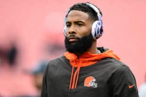 Odell Beckham Jr. #13 of the Cleveland Browns looks on during warm ups prior to the game against the Arizona Cardinals at FirstEnergy Stadium on October 17, 2021 in Cleveland, Ohio.