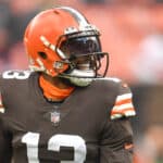 Odell Beckham Jr. #13 of the Cleveland Browns looks on prior to the game against the Arizona Cardinals at FirstEnergy Stadium on October 17, 2021 in Cleveland, Ohio.